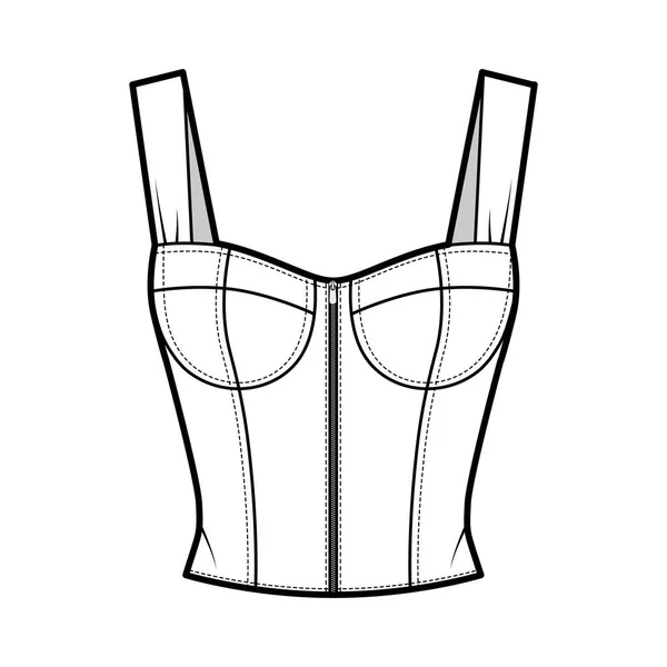 Rits-up juweel bijgesneden overhemd corset-stijl gerookte top technische mode illustratie met gegoten cups, overhemd terug — Stockvector