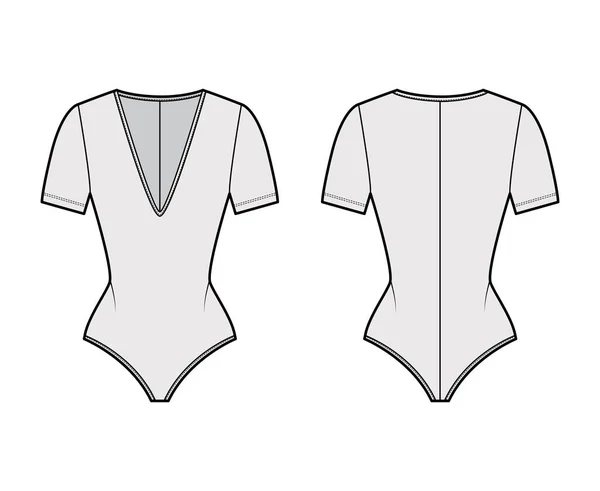 Stretch-jersey bodysuit técnica moda ilustração com mergulho decote em V, esculpir ajuste, mangas curtas uma peça — Vetor de Stock