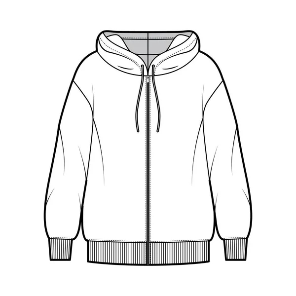 Überdimensionaler Sweatshirt mit Reißverschluss aus Baumwolle-Fleece, technische Modenabbildung mit entspannter Passform, langen Ärmeln. Flacher Pullover — Stockvektor