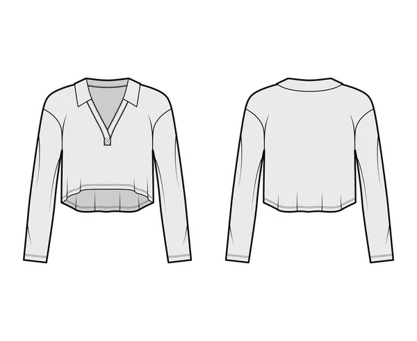 長袖、 Vネックラインを概説襟とクロップストレッチ綿トップ技術的なファッションイラスト。フラットシャツ — ストックベクタ