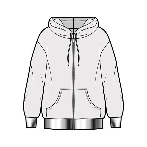 Zip-up oversized cotton-fleece hoodie technical fashion illustration with pocket, relaxed fit, long sleeves. Flat jumper — Stock Vector