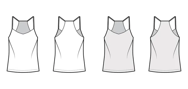 Racer-back camisole technické módní ilustrace s výstřihem V, popruhy, uvolněné fit, délka tuniky. Plochá nádrž — Stockový vektor