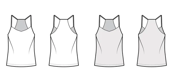 Racer-vissza camisole technikai divat illusztráció V-nyak, szíjak, laza illeszkedés, tunika hossza. Lapos fehérnemű tartály — Stock Vector