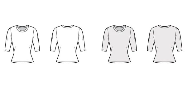 Crew krk dres svetr technické módní ilustrace s lokty rukávy, close-fit tvar. — Stockový vektor