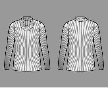 Tırtıklı balıkçı yaka kazak örgü. Uzun kollu, büyük bedenli, tunik uzunluklu teknik moda illüstrasyonlu.. 