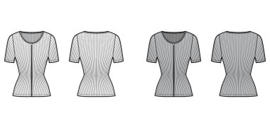 Fermuarlı, pamuklu-formalı, kısa kollu, dar kesimli, kepçe yakalı, üst düzey teknik moda illüstrasyonları.