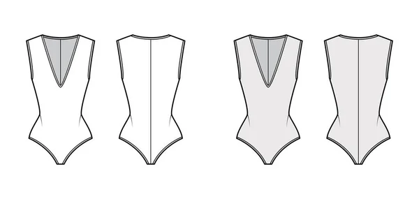 Stretch-jersey τεχνική επίδειξη μόδας bodysuit με βυθίζοντας V-ντεκολτέ, γλυπτική εφαρμογή, πίσω φερμουάρ στερέωσης. — Διανυσματικό Αρχείο