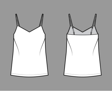 V yakalı, kayışlı, rahat formalı, tunik uzunluklu Camisole teknik tasviri. Düz giyim deposu