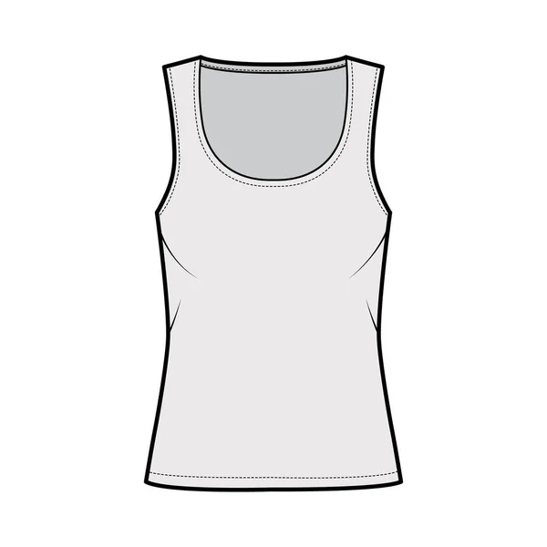 Bomull-jersey tank teknisk mode illustration med avslappnad passform, bred scoop halsringning, ärmlös. Platta kläder cami — Stock vektor