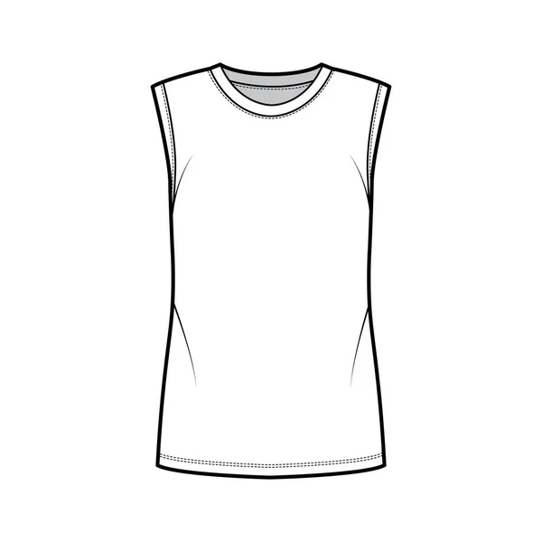Ilustração de moda técnica de tanque de algodão-jersey com decote da tripulação, grandes, cavas cortadas. Roupa plana camisa básica — Vetor de Stock