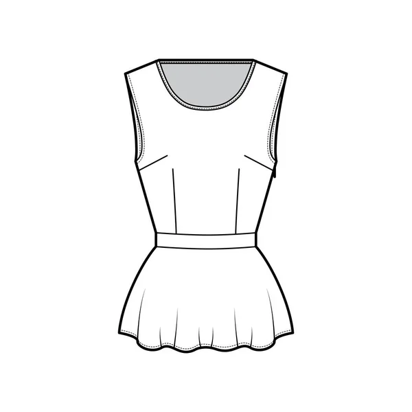 Peplum hem top технічна модна ілюстрація з скріпленою круглою шиєю, без рукавів, встановленим тілом, боковим застібкою . — стоковий вектор