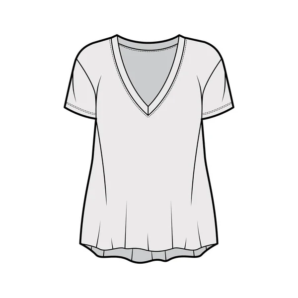 Pasi slub pamut-mez T-shirt technikai divat illusztráció V-nyakkivágású, rövid ujjú, laza sziluett. — Stock Vector