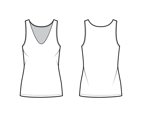 Cotton-Jersey zbiornik ilustracji technicznej mody z relaksu fit, zanurzenie dekolt V, bez rękawów. Biustonosz płaski — Wektor stockowy