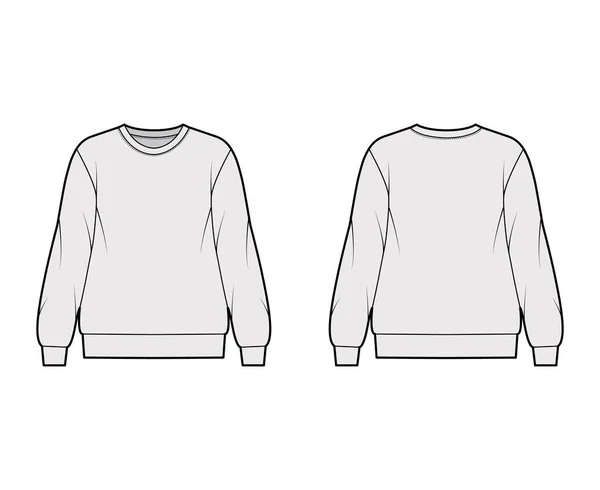 Bomull-frotté oversized tröja teknisk mode illustration med avslappnad passform, besättning halsringning, långa ärmar jumper — Stock vektor