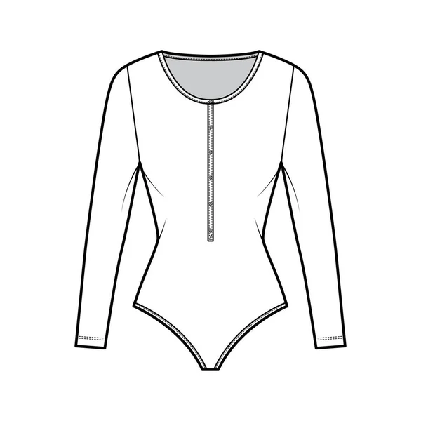 Cotton-jersey t-shirt bodysuit technische mode illustratie met lange mouwen, primeur henley hals. Plat uit één stuk — Stockvector