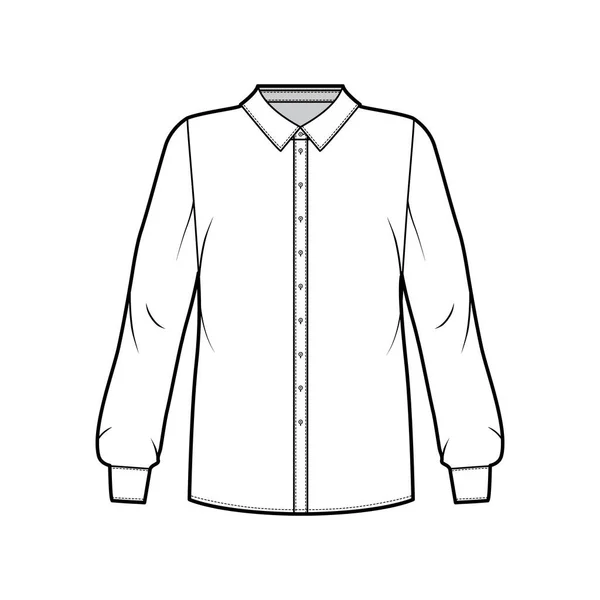 Klassisches Hemd technische Mode Illustration mit Grundkragen mit Ständer, lange Ärmel mit Manschette, Rückseite runde Schulterpasse. — Stockvektor