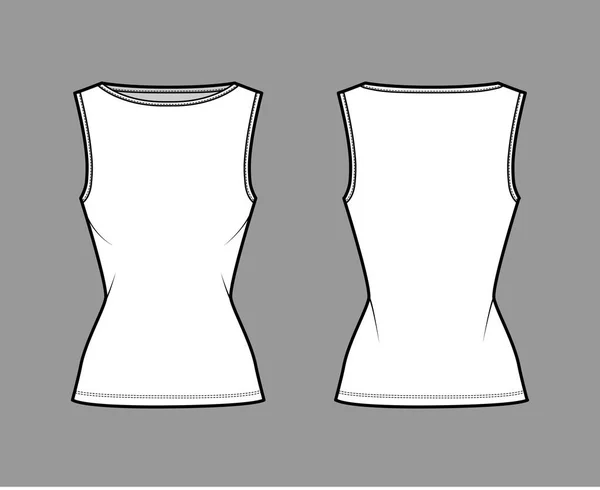 Ilustração de moda técnica de tanque de algodão-jersey com ajuste fino, decote de barco largo, bainha alongada, camisa sem mangas — Vetor de Stock