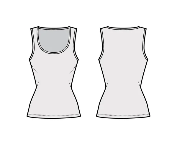Pamuk-forma tankı teknik moda illüstrasyonu ince formalı, geniş yakalı, kolsuz. Düz giyim cami — Stok Vektör