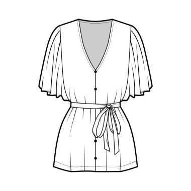 Fişekli, dirsek dairesi kollu, V yakalı bluz, bel kemeri takılı moda illüstrasyonu.