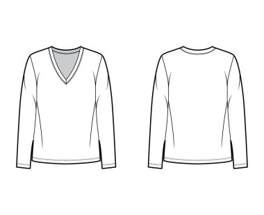 Gevşek formalı, V yakalı, uzun kollu pamuklu tişört ve teknik moda illüstrasyonları. Düz