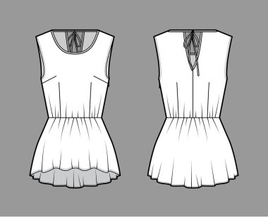 Peplum Lisesi 'nin düşük etekli üst moda tasviri. Sırt bağları yuvarlak, kolsuz, vücuduna uyumlu..