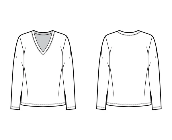 Camiseta de algodão-jersey cortada ilustração de moda técnica com ajuste relaxado, mergulho decote em V, mangas compridas. Plano — Vetor de Stock