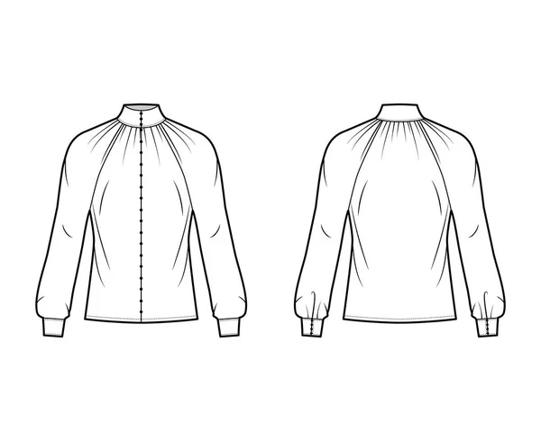 셔츠에하이 컷 목 블라우스 기술적 인 패션 일러스트와 긴 소매, 전면 단추 누름, 느슨 한 실루엣 — 스톡 벡터