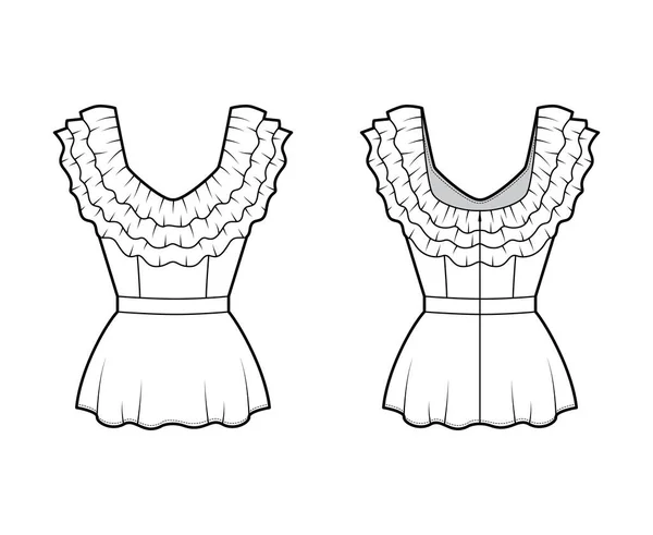 洋李女衫技术时尚图例，沿钻石领口的3层褶皱，后拉链紧固. — 图库矢量图片