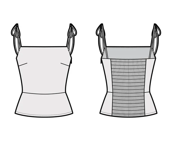 Illustration de mode technique supérieure avec ajustement serré, bretelles à nouer, dos torsadé. Tenues plates camisole — Image vectorielle