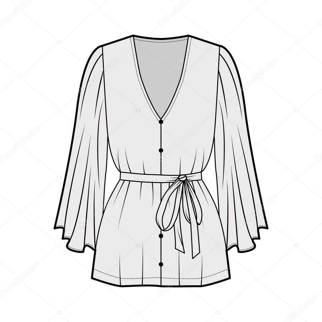 Blouse technical fashion illustration with long circle sleeves, plunging V-neckline, tie belt, front button fastenings.