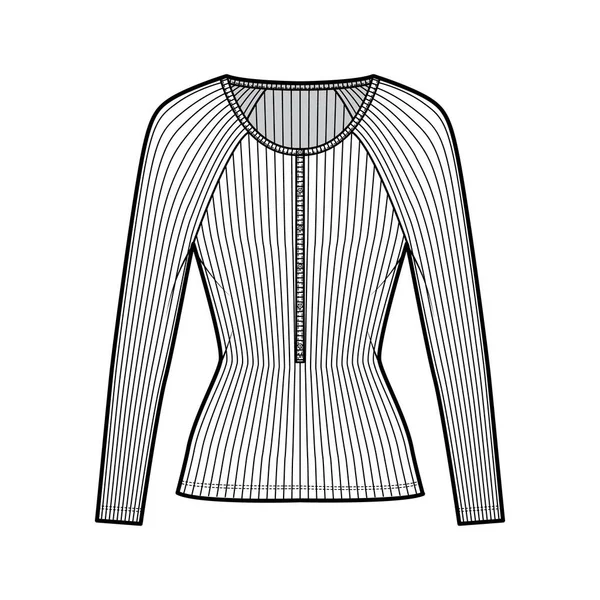 Ilustração de moda técnica superior de algodão-jersey com mangas raglan longas, ajuste fino, decote de henley de colher — Vetor de Stock