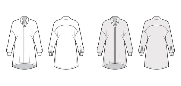 Übergroße Bluse technische Modeillustration mit einfachem Hemdkragen, abgesenkten Schultern, langen Ärmeln, Übergröße. — Stockvektor