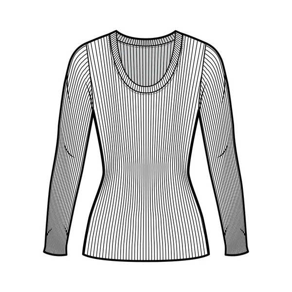 Ribbed scoop neck knit sweater technical fashion illustration with long sleeves, close-fitting shape, tunic length. — Stock Vector