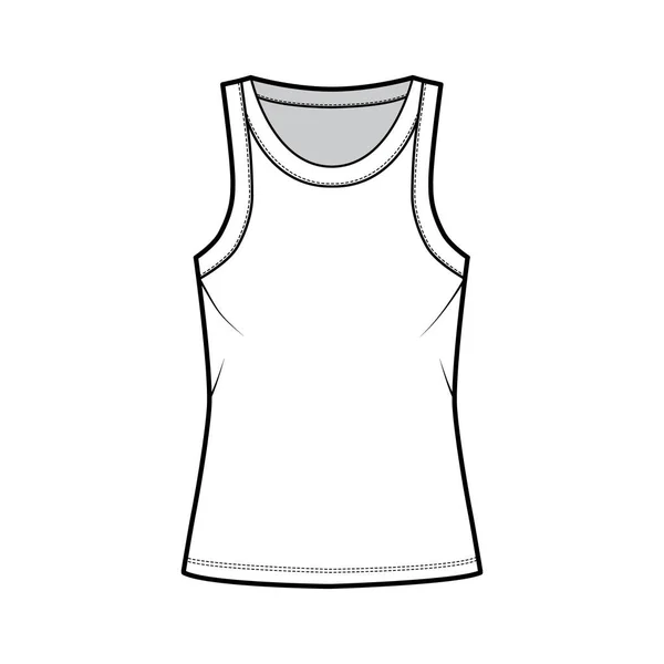 Cotton-jersey tank technical fashion illustration with relaxed fit, wide scoop neckline, sleeveless. Flat outwear cami — Stock Vector