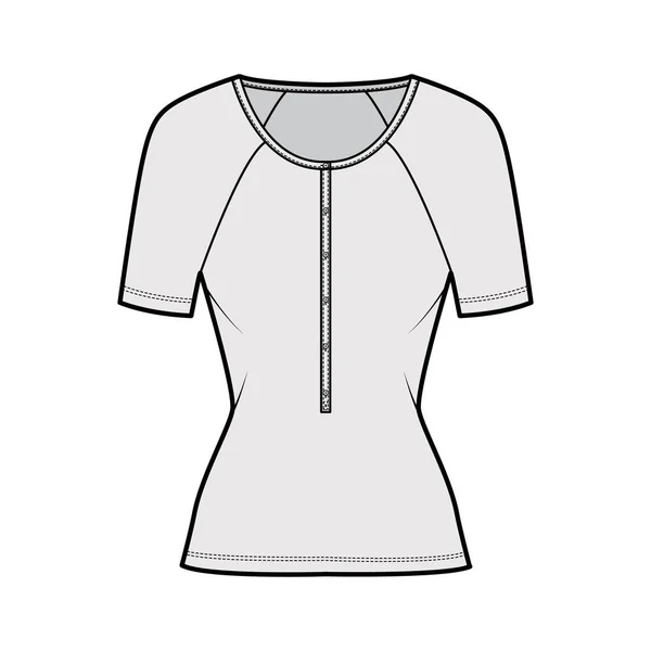 Baumwoll-Jersey Top technische Mode Illustration mit langen Raglanärmeln, schlanke Passform, Schaufel Henley Ausschnitt. Flache Kleidung — Stockvektor