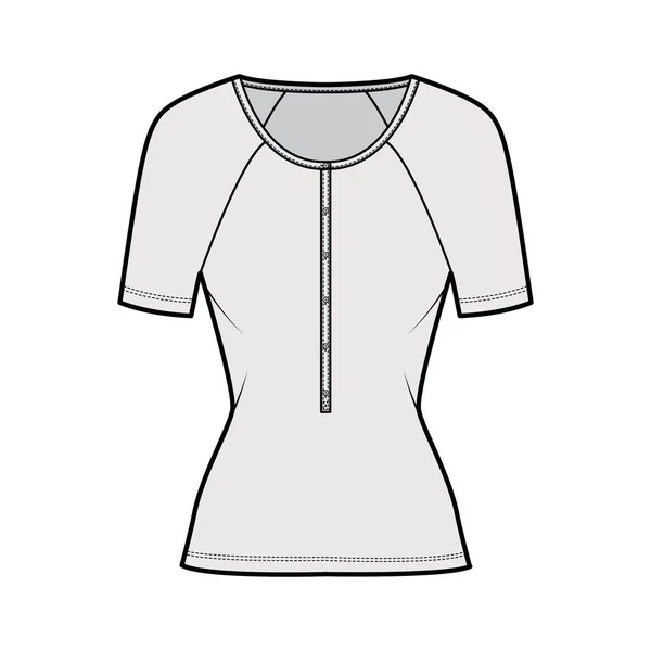 Ilustração de moda técnica superior de algodão-jersey com mangas raglan longas, ajuste fino, decote henley colher. Vestuário plano —  Vetores de Stock