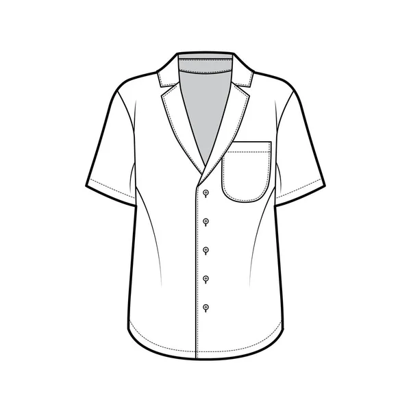 Shirt technical fashion illustration with pointed notch collar, front button fastenings, rounded pocket, short sleeves. — Stock Vector