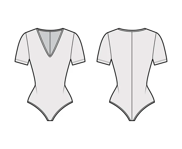 Стретч-футболка боді-костюм технічна модна ілюстрація з зануренням V-подібним вирізом, короткими рукавами, застібкою-блискавкою — стоковий вектор