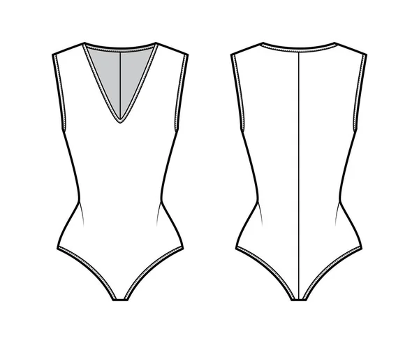 Stretch-jersey bodysuit ilustração de moda técnica com mergulho decote em V, fecho de correr para trás. Plana de uma peça — Vetor de Stock