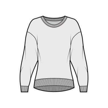 Pamuk-Terry sweatshirt, rahat formalı, mürettebat yakalı, uzun kollu, teknik moda çizimi. Düz atlayıcı 