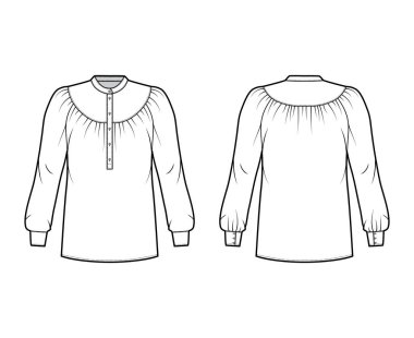 Toplanmış boyunduruklu, uzun kollu, kıvrımlı mandalina yakalı, gevşek şekilli tişörtlü...