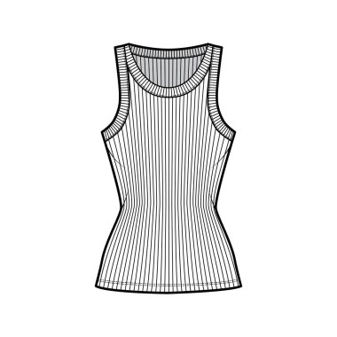 Tırtıklı pamuk-forma tankı teknik moda illüstrasyonu geniş kepçe yaka, örgülü vücut, tunik uzunlukta gecelik