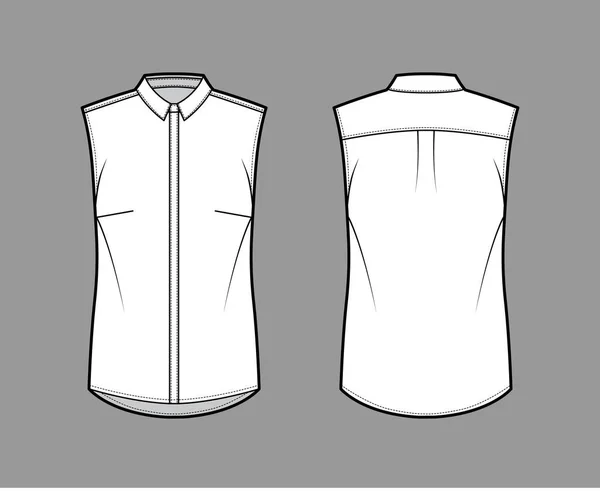 Ilustración técnica de la moda de la camisa con cuello limpio, delgado, cierre de botón oculto frontal silueta ligeramente suelta — Vector de stock