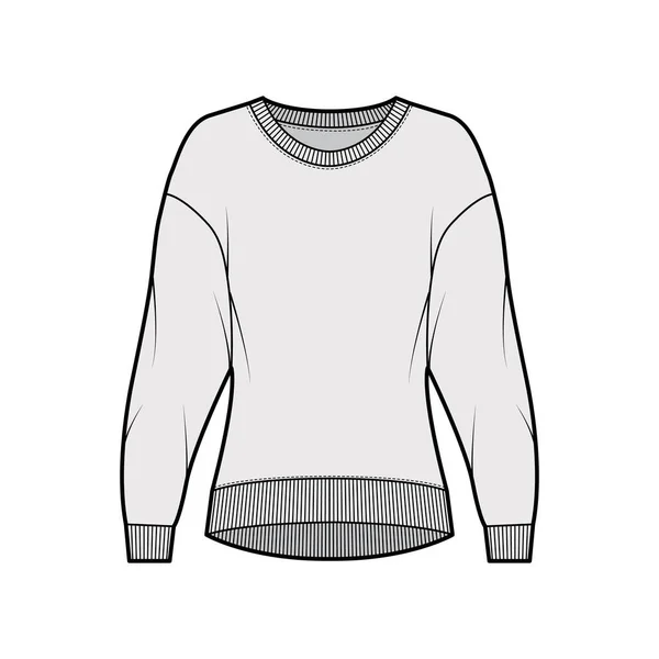 Cotton-terry sweatshirt technical fashion illustration with relaxed fit, crew neckline, long sleeves. Flat jumper — Stock Vector