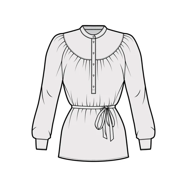 Gordel verzameld blouse technische mode illustratie met lange mouwen, gebogen mandarijn kraag, ontspannen vorm shirt — Stockvector