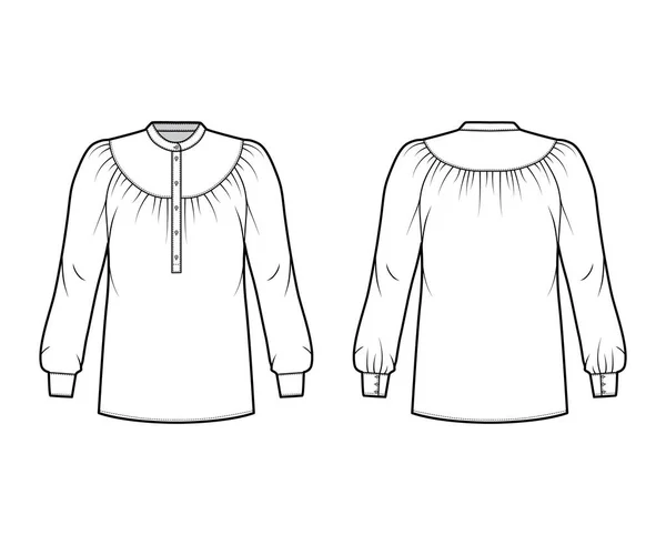 수집 된 멍에, 긴소매, 휘어진 만다린 칼라, 느슨 한 모양의 셔츠를 갖춘 블라우스 기술적 인 패션 삽화 — 스톡 벡터