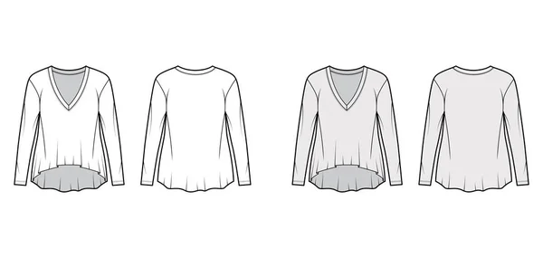 Pojkvän bomull-jersey T-shirt teknisk mode illustration med störtande V-ringning, långa ärmar, hög-låg nedtill — Stock vektor