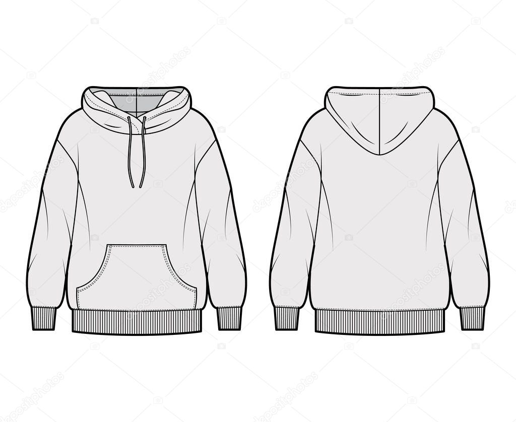 Oversized Cotton Fleece Hoodie Technical Fashion Illustration With Pocket Relaxed Fit Long Sleeves Flat Outwear Jumper Apparel Template Front Back Grey Color Women Men Unisex Sweatshirt Top Cad Premium Vector In Adobe