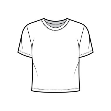 Gevşek formalı, yakalı ve kısa kollu pamuk-formalı teknik moda illüstrasyonları. Düz