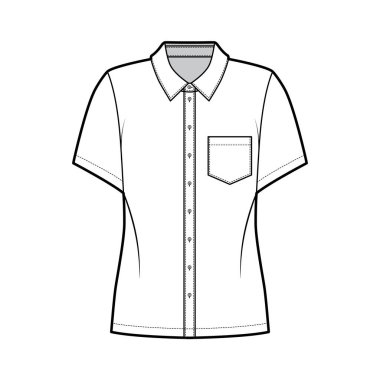 Açılı cepli, kısa kollu, rahat, düğmeli, normal yakalı gömlekler.